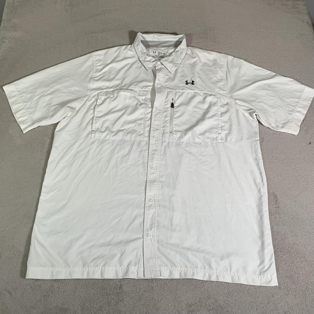 Under Armour Shirt Mens 2XL White HeatGear Short Sleeve Vented Fishing Button Up